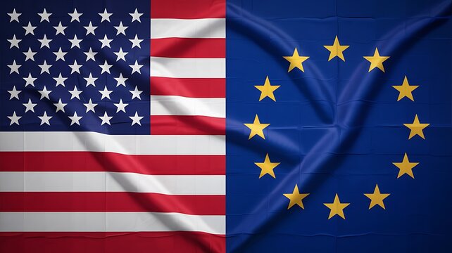 Close up of the american flag and the european union flag side by side representing international relations and cooperation between two major global powers - Powered by Adobe