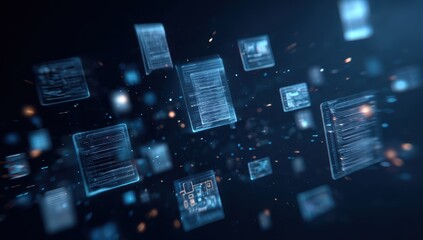 Digital documents, files, and data, floating in a dark space