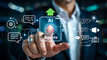 Businessman interacting with advanced artificial intelligence ai agents and data visualization on a futuristic digital interface screen