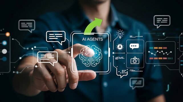 Person s finger touching a futuristic transparent screen displaying brain and communication icons representing artificial intelligence and technology