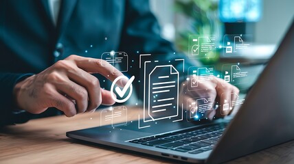 Close up of a person s hands using a laptop with a digital overlay of a checklist and document icons symbolizing business process and task management