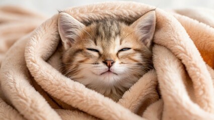 A cozy cat nestled in a soft blanket, radiating warmth and contentment with its eyes closed.