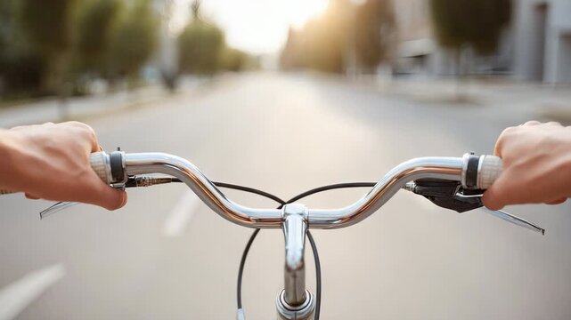 Bicycle handlebar hand riding on sunny street and empty road at sunset