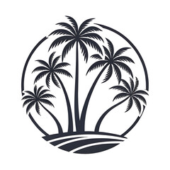 Circular silhouette of palm trees on an island with waves