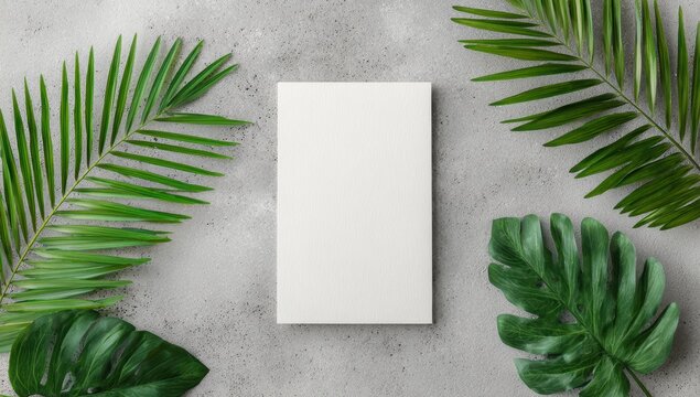 Blank white book surrounded by tropical leaves on a gray concrete surface