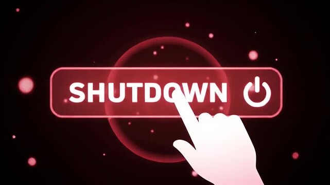 User's finger pressing a glowing red shutdown button on a futuristic touchscreen. Concept of system deactivation and digital control