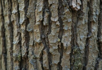 Closeup of rough bark on a tree trunk with textured patterns and vertical ridges