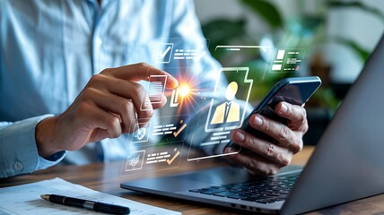 Close up of a person using a smartphone with glowing futuristic data visualizations and icons overlaid on the screen while working on a laptop