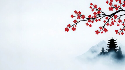 Serene Cherry Blossom Scene with Black Silhouette of Pagoda and Trees on Soft White Background, Ideal for Tranquil Nature and Zen Themes