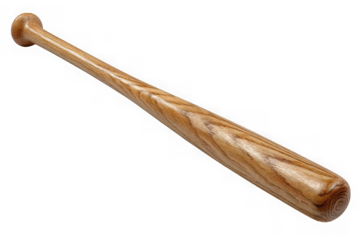 A vintage wooden baseball bat with a textured grain pattern displayed at an angle isolated on transparent background