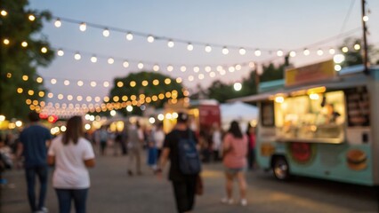Fototapeta premium Blurred crowd and food trucks under string lights — vibrant evening festival atmosphere 