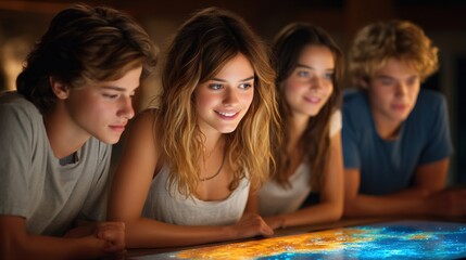 A mixed group of international teens participates in a virtual space mission simulation, reflecting youth collaboration, ambition, advanced digital learning, innovation, and leadership through