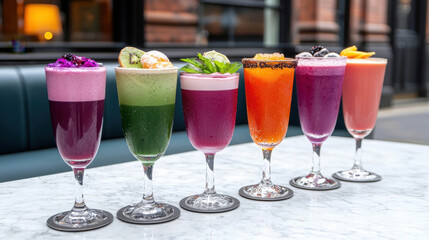 Colorful and Refreshing Cocktails with Garnishes in Elegant Glassware on a Marble Table Surrounded by Urban Setting