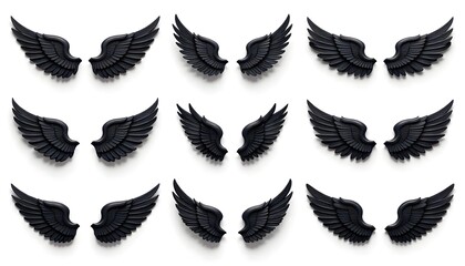 Black wings icon set, collection in different shape. Simple angel wings vector.
