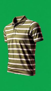 Green and White Striped Polo Shirt with Collar on Solid Green Background