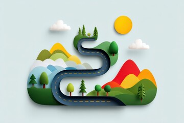 A winding road made of circuit lines leads through forests, buildings, and solar farms, symbolizing sustainable growth, educational paths, interdisciplinary leadership, and the diverse journey of