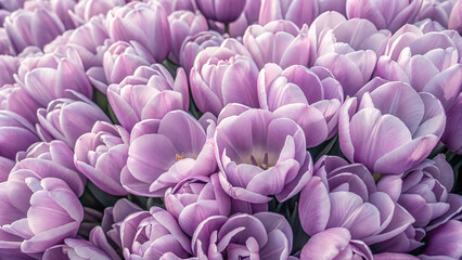 Fototapeta premium Light purple tulips arranged closely, featuring delicate lilac-colored petals with subtle pink undertones and graceful, curved flower shapes throughout.