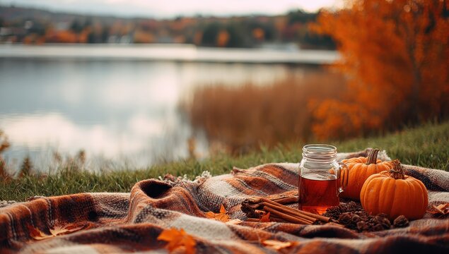Autumn picnic by lake with pumpkins, cinnamon. Seasonal wellness, decoration - Powered by Adobe