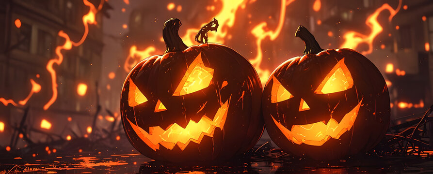 Deux Citrouilles maléfique en flamme côte à côte au milieu du chaos . Anime . Halloween 