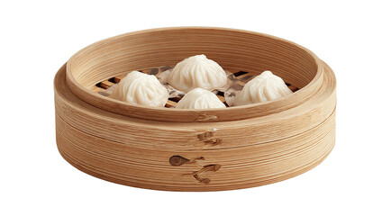 Closeup of a healthy breakfast meal: steamed sweet buns and fresh vegetables in a wooden bowl isolated on a transparent background