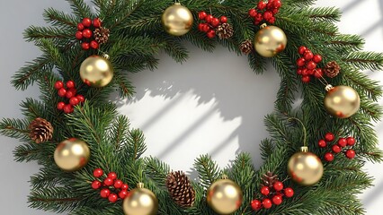 Festive Christmas Wreath with Golden Ornaments, Pine Cones, and Red Berries on a White Background.