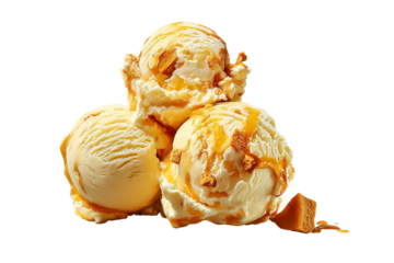 Golden creamy butterscotch ice cream scoop swirled with caramel ribbons isolated on transparent PNG background, perfect for seamless cutout use in dessert packaging and menu design