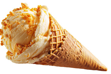 Golden creamy butterscotch ice cream scoop swirled with caramel ribbons isolated on transparent PNG background, perfect for seamless cutout use in dessert packaging and menu design