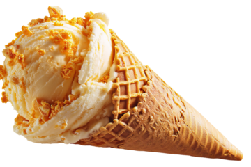 Golden creamy butterscotch ice cream scoop swirled with caramel ribbons isolated on transparent PNG background, perfect for seamless cutout use in dessert packaging and menu design