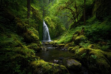 Lush waterfall cascading in a mossy forest glen