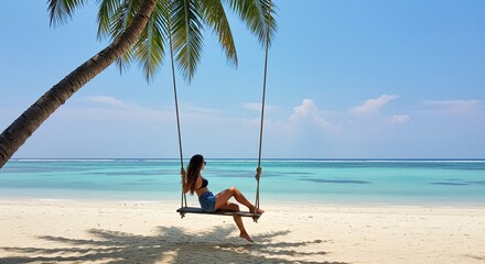Relaxed woman on a beach swing