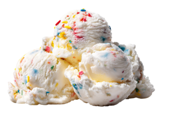 Creamy cake batter ice cream scoop dripping over moist vanilla cake layer isolated on transparent PNG background for effortless cutout dessert design and bakery marketing assets