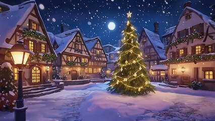 Naklejka premium A charming winter village scene with a decorated Christmas tree under a snowy night sky.
