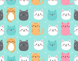 Cute cartoon cats in a repeating pattern on a mint-green background
