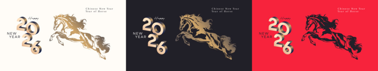 A collection of elegant Chinese New Year 2026 greeting card designs featuring dynamic horse illustrations in black, gold, and red themes, celebrating the Year of the Horse in traditional ink style.