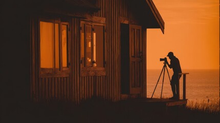 Silhouette of a photographer capturing the sunset from a wooden cabin.