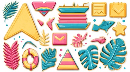 Collection of colorful, stylized shapes and tropical leaves.