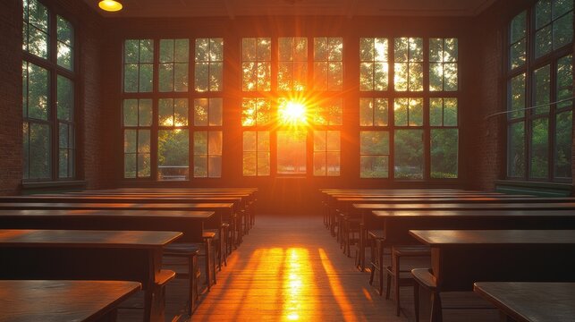 Classroom with Rows of Desks and Sunlight Through Windows - Powered by Adobe