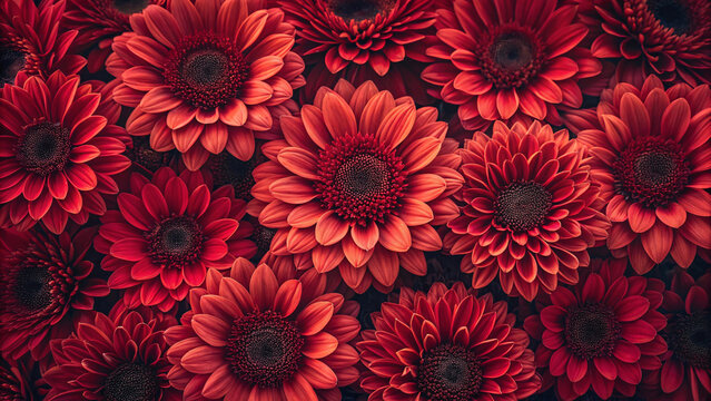 Deep red dahlias and chrysanthemums with dark centers create a rich, luxurious floral carpet in dramatic crimson and burgundy hues.