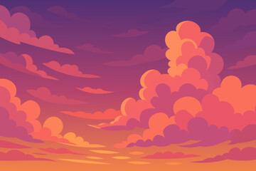Sunset anime landscape with glowing sky and pink clouds for dreamy scenes or tranquil backgrounds, illustrated by warm colors with soft light and perfect for prints or digital art.