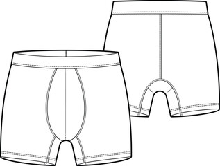 Men's classic boxer briefs underwear fashion flat sketch technical drawing template, essential comfortable breathable loungewear garment, detailed front and back views, vector illustration design.
