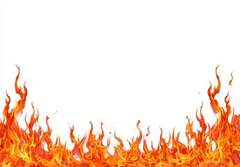 Fiery orange flames border on white background