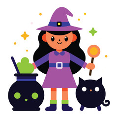 Cute cartoon witch with black cat and potion