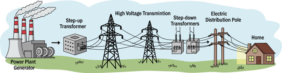 Electricity generation to home, power plant, step-up transformer, transmission lines, step-down transformers, utility poles, electric supply distribution system, vector illustration