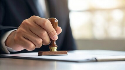 Focused hand pressing seal on banking papers — authority and official transaction concept
