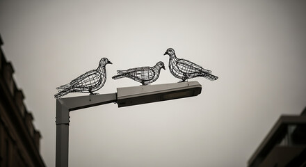 Artistic urban street art installation featuring three wireframe bird sculptures perched on a lamppost in monochrome.
