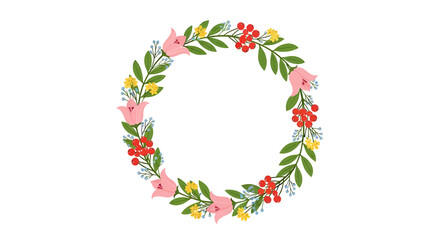 Floral wreath with pink bellflowers, red berries, yellow florets, and blue buds