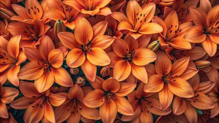 Deep orange lilies with rich terracotta hues, showcasing intense color saturation and prominent dark stamens in dense grouping.