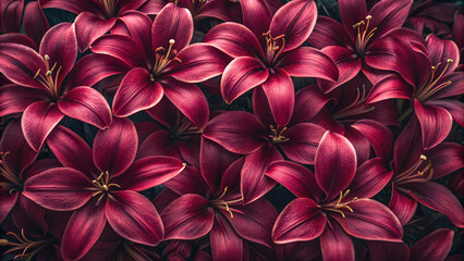 Rich burgundy red lilies densely arranged, featuring deep crimson petals with golden stamens creating a luxurious and dramatic floral display composition.