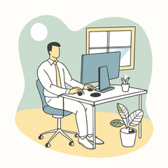 Man working on computer at desk in office with window and plant silhouette