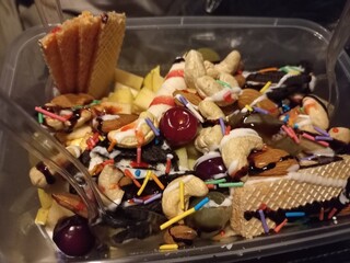 cake, meat, fruit, plate,  cold ice cream